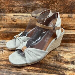Lucky Brand Macrimay Espadrille Wedge Heels Women's 9 Tan Fabric Sandals Bow